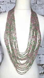 Glass Micro Bead Multi Layered Waterfall Necklace Green Pink Clear Unique - Picture 1 of 10