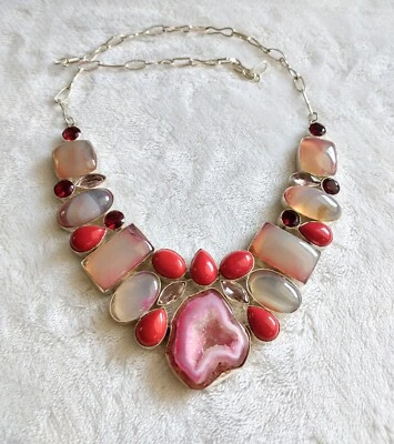 Collar Placa Plata Coral Ágata Rosa Druzy Ventana 40n Cl Foto 1 de 4