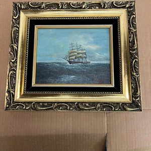 signed J. James, oil painting, ship on the water, framed wood composition matter - Picture 1 of 5