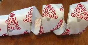 French Wire Edged Ribbon White With Red Velvet Trees Holiday~Wreath~Gift~Bow - Picture 1 of 2