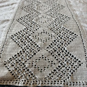 Crochet And Linen Bedspread 75” By 73” Repurpose Or Repair Off White - Picture 1 of 8