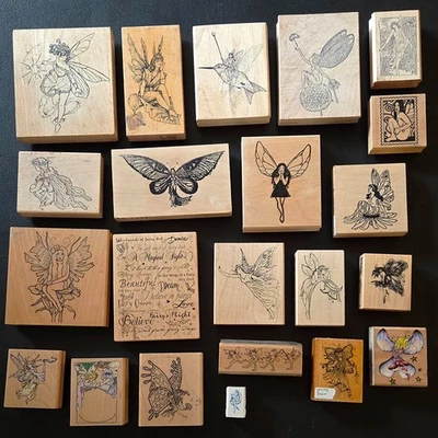 rubber stamp lot wood block art craft supplies fairy girl wings fantasy women - Image 1 of 3