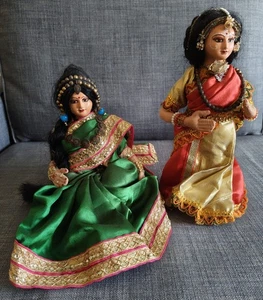 Handcrafted Indian 2 Artisan Dolls Traditional Saree Jewelry Ethnic Handpainted - Picture 1 of 24