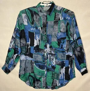 Camisa de Seda Vintage Groovy Disco Ligera Abstracta Azul Verde Punzón 100% Seda - Imagen 1 de 10