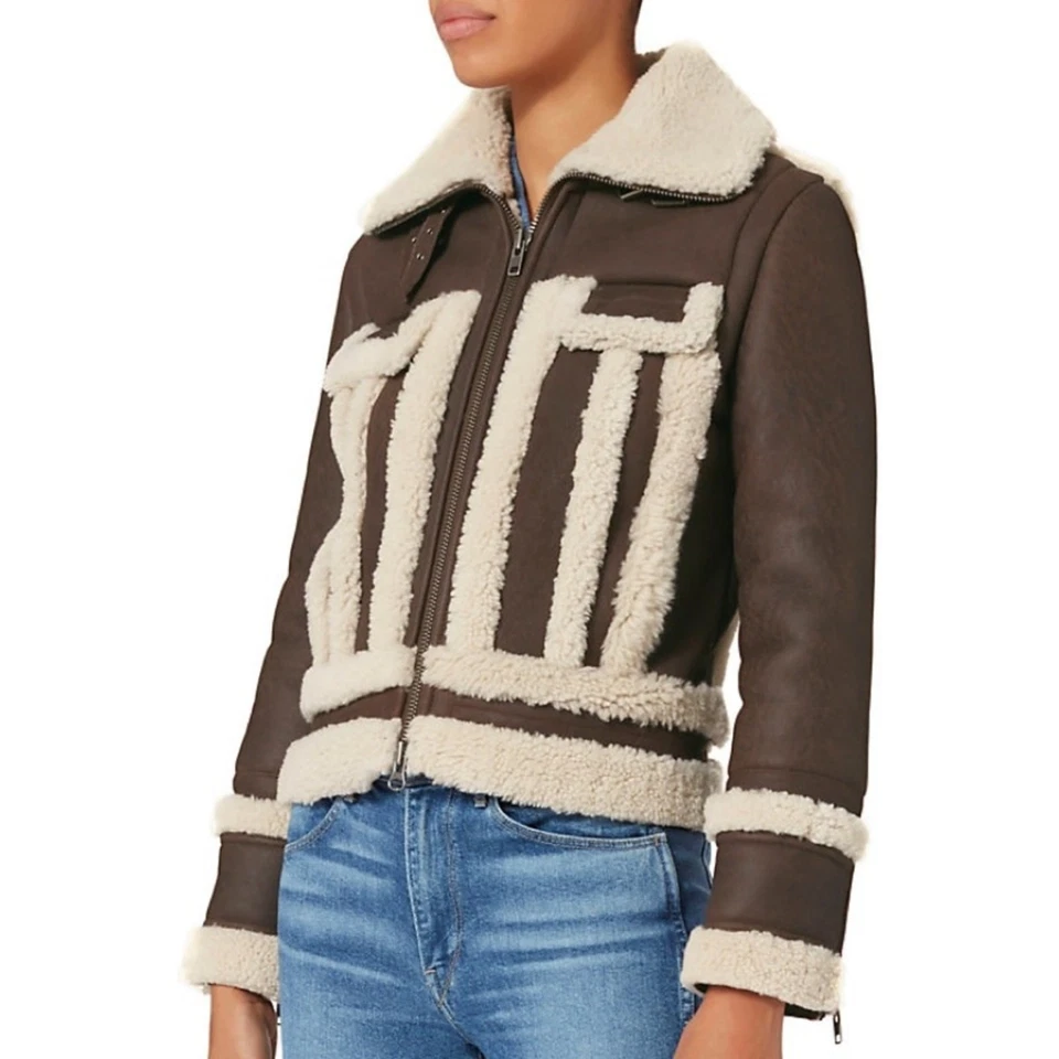 Chaqueta de cuero de oveja Intermix Megan (talla S) aviador bombardero marrón crema Foto 1 de 4