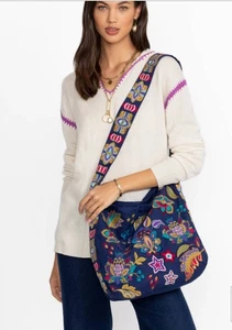 NWT - JOHNNY WAS Wide Strap Linen Tote Bag Detailed w/ Bold Floral Embroidery - Picture 1 of 6