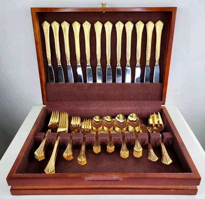 Reed & Barton 24K Gold Plated Flatware Golden Rosewell 65 Piece Set Wood Case - Image 1 of 4