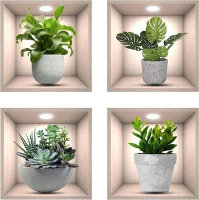 Adesivi Murali Piante, 4 Pz Realistico Verde Pianta in Vaso Impermeabile Wall Ar - Immagine 1 di 4