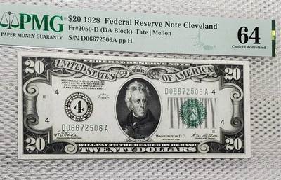 1928 $20 Federal Reserve Note Numerical Green Seal Cleveland PMG Choice UNC 64 - Image 1 of 4