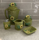 Royal Sealy Mcm Green Basketweave Sunflower Sugar Creamer Ciglighter Teapot Tray
