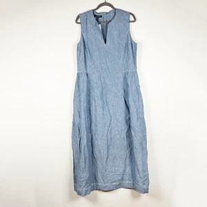 NEW Lafayette 148 Linen Lightweight Chambray V Neck Sleeveless Midi Dress Large - Imagen 1 de 4