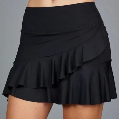 NEW Denise Cronwall MEDIUM Vespa Midi Flounce Ruffle Wrap Skort 15" BLACK - Image 1 of 4