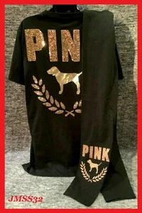 Victoria's Secret Pink Bling Campus Tee Shirt + Leggings Set Black Gold Dog M L - Picture 1 of 12