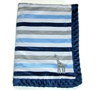Carters Child of Mine Navy Blue Gray Giraffe Baby Blanket White Stripes Sherpa - Image 1 of 2