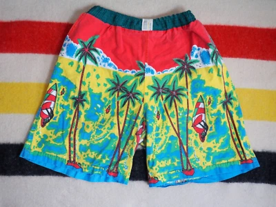 VTG 70s 80s Surf Beach Hawaiian Novelty Print Retro 34W Elastic Swim Trunks Mens - Image 1 of 4