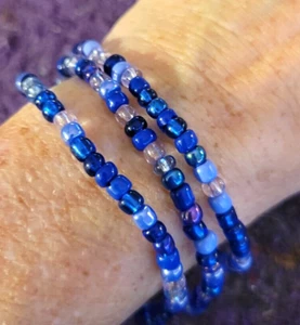 Bracelet or Necklace Saphire Blue Sky Bead Beaded Pearl Blues - Very Unique 22" - Picture 1 of 5