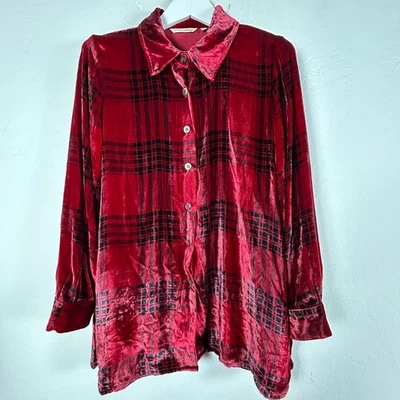 Camisa Top Soft Surroundings Mujer Roja a Cuadros Terciopelo Abotonada Manga Media Larga Foto 1 de 4