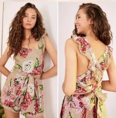 FARM RIO Anthropologie Woven Floral Crossed Back Frill Linen Romper M Bohemian - Image 1 of 4