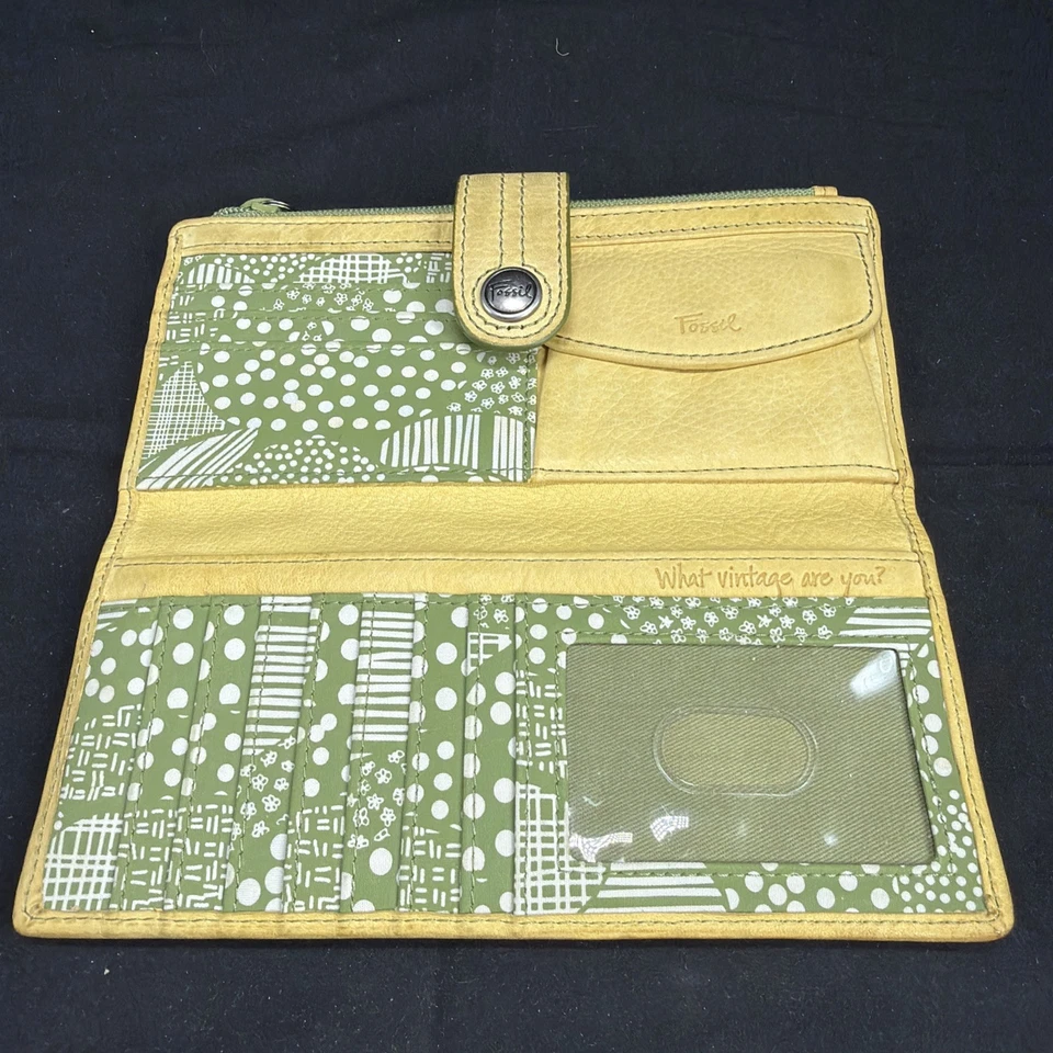 Cartera de cuero amarillo Fossil "Vintage" doble pliegue a presión y cremallera diseño de hojas forro Foto 1 de 4