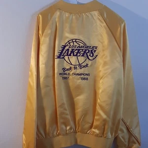 VTG LAKERS Back-to-Back World Champions 1988 Satin Bomber JACKET~Yellow~XL~NBA - Picture 1 of 10