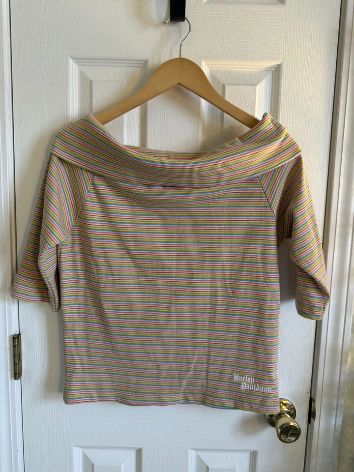 Новый Harley-Davidson женщин винтажный Y2K полоски с плеча Топ размер S - Изображение 1 из 4