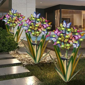 Solar Metal Agave Butterfly Flower Stick Garden Sculpture - Outdoor Gift, Christ - Picture 1 of 12