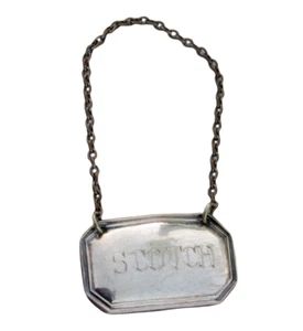 VTG Barware Scotch Bottle Tag on Chain Silver Tone Made in England - Imagen 1 de 5