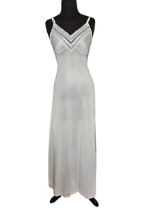 Vintage Nylon Maxi Nightgown Slip Dress White S/M? Petite USA Blue Ribbon Trim - Picture 1 of 7