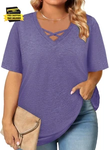 Plus Size Tops for Women Summer Trendy Criss Cross Shirts Oversized Casual Loose - Picture 1 of 5