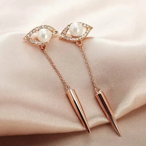 18K Rose Gold Filled Made With SWAROVSKI Pearl Stylish Eye Spike Drop Earrings - Picture 1 of 5
