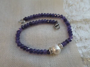 Beautiful Natural Sparkly 4mm Amethyst Cultured Pearl Beaded Bracelet (247) - Picture 1 of 8