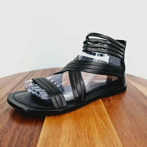 Garnet Hill Sandals 6.5 Giselle Italian Strappy Gladiator Black Leather Zip Back - Picture 1 of 14