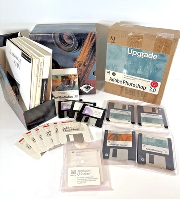 Adobe Photoshop 2.5 Mac w/ 3.0 Upgrade Manuals Floppy Disks Fonts Keys UNTESTED - Image 1 of 4