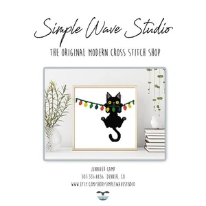 Christmas Black Cat Hanging Lights Humor Counted Cross Stitch Pattern Kit - Picture 1 of 5