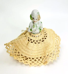 Porcelain Half Doll Lady Figure Crocheted Skirt Pincushion Shelf Sitter Japan - Picture 1 of 9