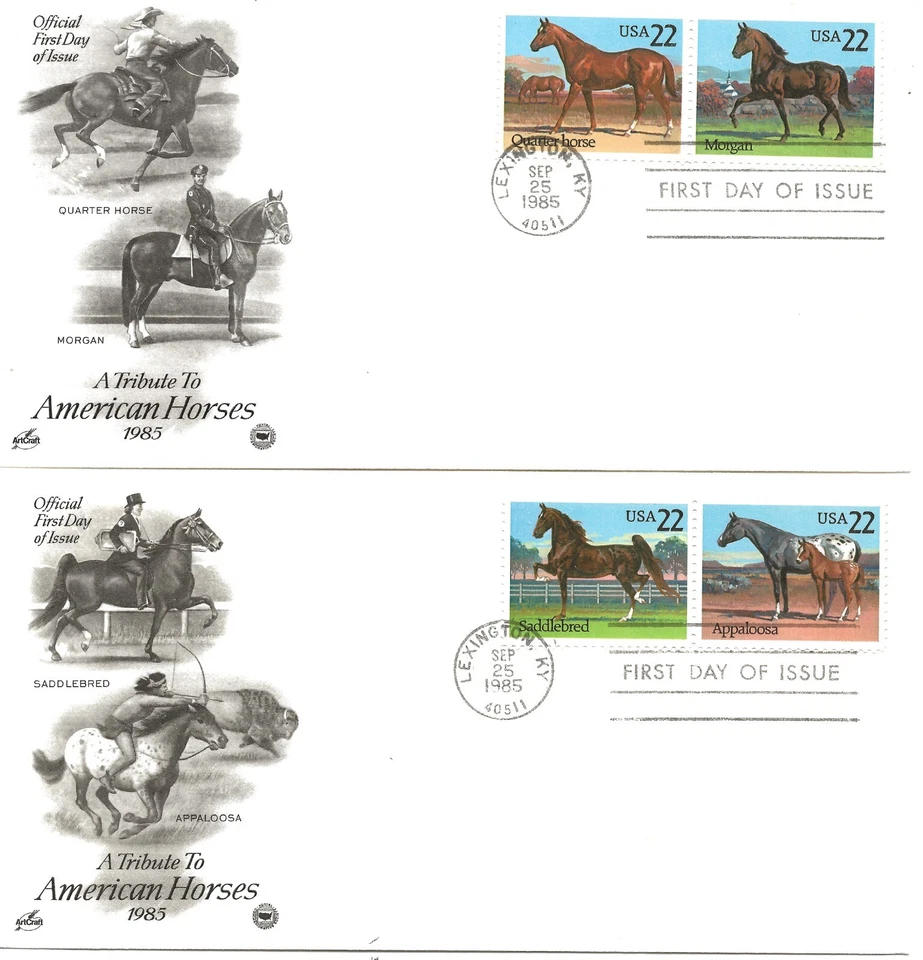 US Scott #2155-58, First Day Covers 9/25/85 Lexington Pairs Horses - Image 1 of 1