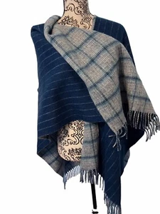 Talbots Blanket Reversible Plaid & Stripe Shawl 100% Wool Wrap Women’s One Size - Picture 1 of 8
