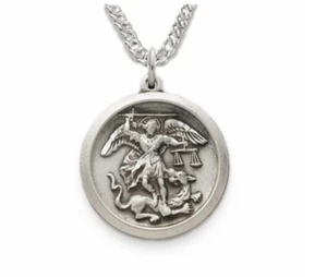 STERLING SILVER ROUND ST. MICHAEL MEDAL NECKLACE & CHAIN - Picture 1 of 1