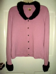 Nordstrom Pink 100% Cashmere Cardigan Sweater w/Genuine Mink Collar & Cuffs MED - Picture 1 of 17