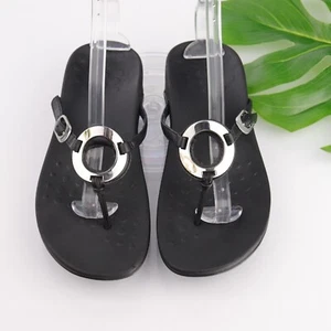 Vionic Karina Sandal Size 8 Black Leather Thong Slide Comfy Arch Support Slide - Picture 1 of 14