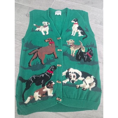 Mujeres Vintage Susan Bristol Verde Amante del Perro Tejido Botón Frontal Chaleco M Navidad Foto 1 de 4