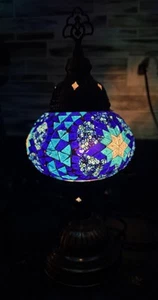Turkish Moroccan Mosaic Glass Tiffany Style Desk Accent Lamp Blue & Brass - Picture 1 of 5