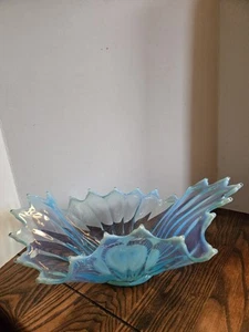 14 " FOSTORIA Heirloom Blue Opalescent Large Crimped Decorative Bowl Centerpiece - Picture 1 of 12