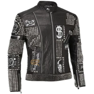 Men's New Handmade Black Leather Punk Plein Style Studded Biker Jacket - Picture 1 of 4