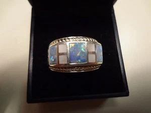 #394 VINTAGE WK-925 STERLING SILVER RING- MOTHER PEAR WITH OPALS-SIZE-8 - Picture 1 of 12