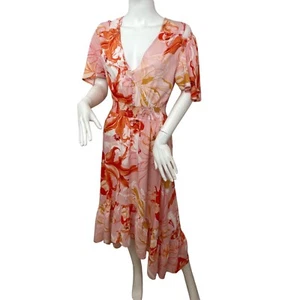 Abel the Label Dress S Hi/Lo Midi Flutter Sleeves Red Orange pink gold V-Neck... - Picture 1 of 11
