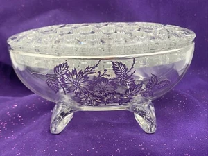 Viking Glass SCROLL FORM Springtime Silver Overlay Oval Bowl Flower Frog - Picture 1 of 24