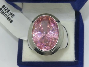 Pink oval ring 14ct bezel cz stainless steel cubic zirconia sapphire cocktail118 - Picture 1 of 14