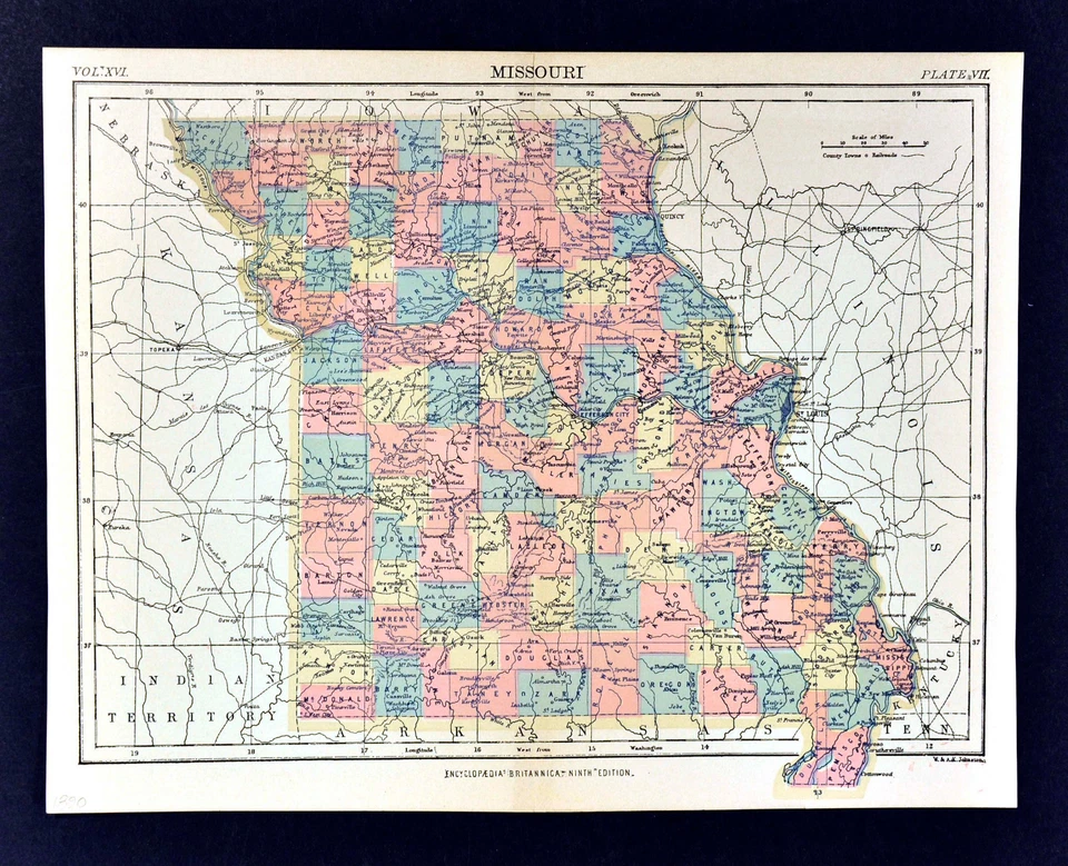 c 1889 Enciclopedia Británica Mapa Missouri St. Louis Jefferson City Columbia MO Foto 1 de 1