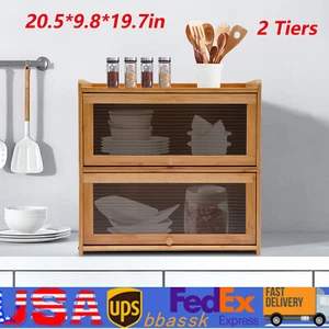 2-Tier Bamboo Storage Cabinet Large Storage Space Countertop Storage Cabinet USA - Picture 1 of 24